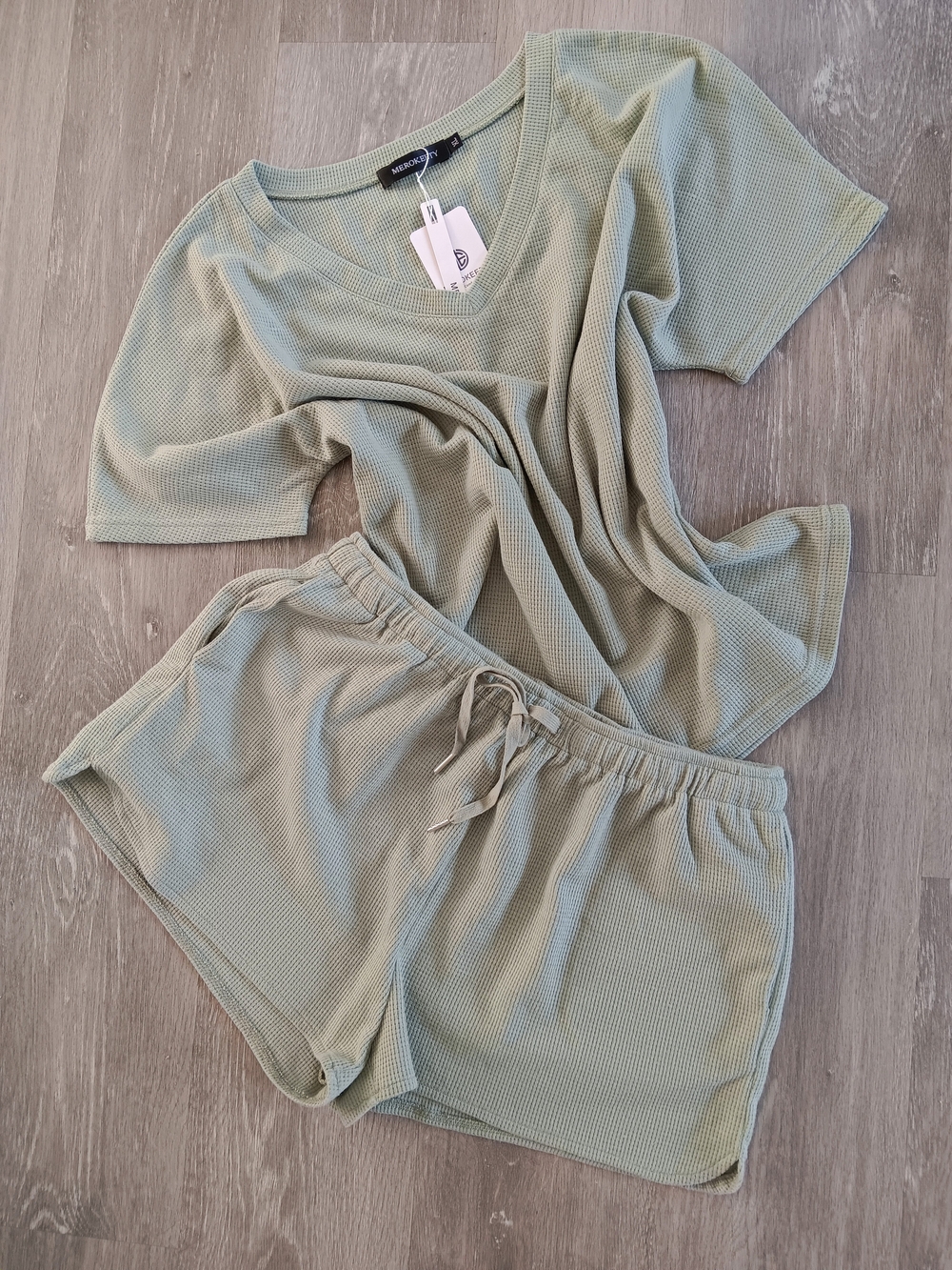 Merokeety Soft Sage Green Waffle Knit Short Sleeve Top & Shorts Loungewear Set